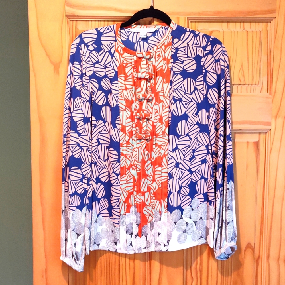 Diane Von Furstenberg Mixed Print Bow Silk Novalee Blouse Top